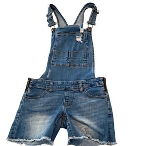 Wild Blue Womens Distressed Denim Shortalls Raw Hem Bib Overalls Sz XS